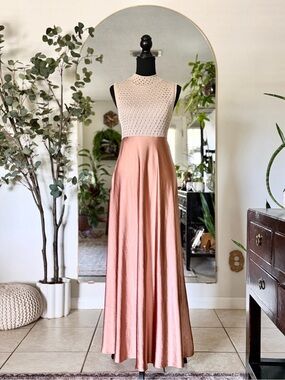 Mare Mare Copper Satin Mock-Neck Crochet Bodice Maxi Gown Dress Small